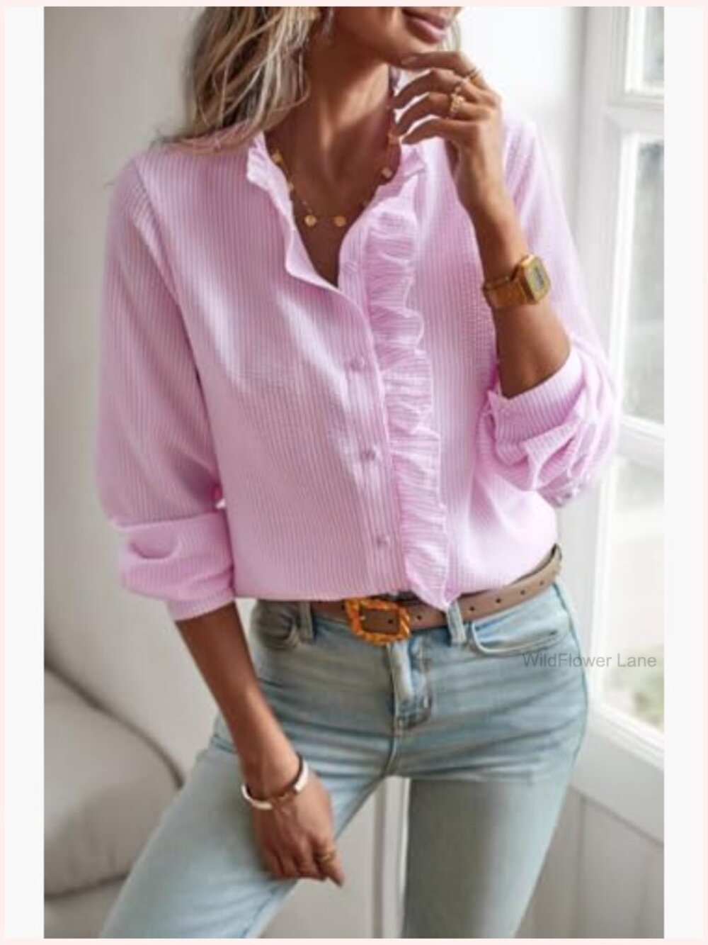 Ruffle Trim Button Up Long Sleeve Blouse Top Stand Collar Work Shirt - Picture 5 of 6